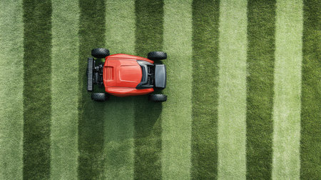 Person-free scene of lawn mower slicing through green grass, creating a perfectly manicured yard with precise linesの素材