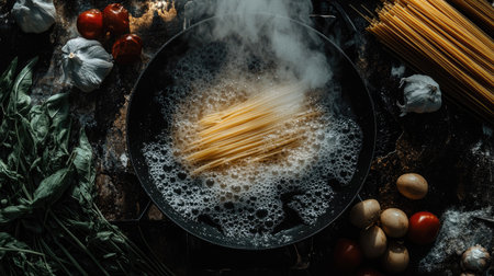 Spaghetti boiling in a black pan on a rustic stovetop, with bubbles and steam rising, surrounded by fresh ingredients for an Italian dishの素材