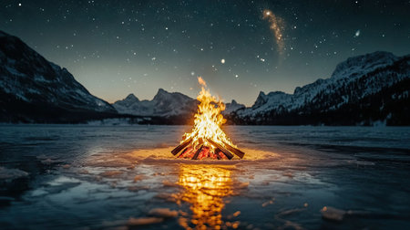 Warm campfire on a frozen lake at night, reflecting on the ice with a soft glow, surrounded by snow and a star-filled skyの素材