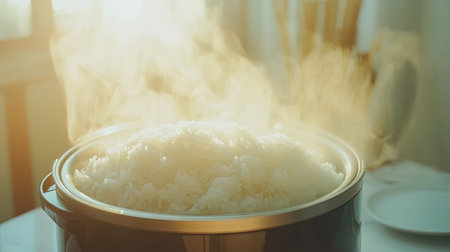 Freshly cooked rice steaming in an electric rice cooker, with delicate wisps of steam filling the air, creating a cozy, home-cooked atmosphere.の素材
