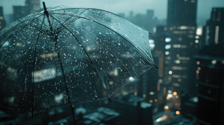 Transparent umbrella catching water droplets, with raindrops visible on the surface and a blurred, wet city backgroundの素材
