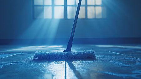 Wet mop head gliding across tile, leaving clean paths and a sparkling finish, showcasing everyday cleanliness in a spacious roomの素材