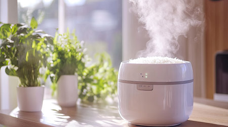 Freshly cooked rice steaming inside an electric rice cooker, with delicate wisps of steam rising, evoking a homely kitchen atmosphere.の素材