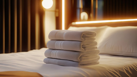 A stack of towels on crisp white hotel bedding, framed by soft, cozy lighting and an inviting, stylish room decorの素材
