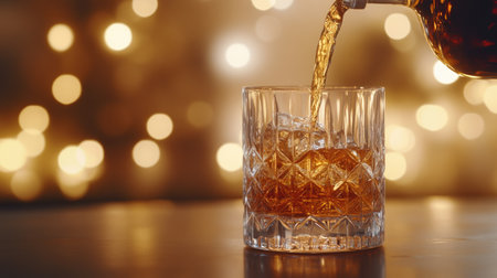 Whiskey pouring into a tumbler, with soft orange and yellow bokeh lights in the background for a luxurious vibeの素材