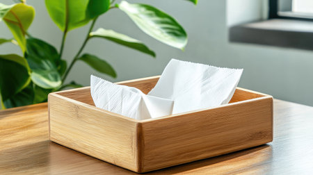 A sleek napkin box with tissue paper on a neatly arranged table in a minimalistic home, with a plant in the background adding a fresh touch.の素材
