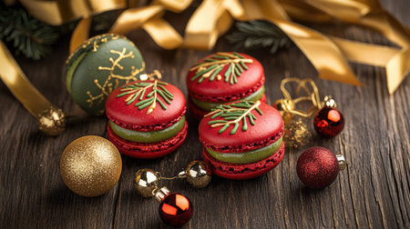Festive red and green macarons with mistletoe designs, surrounded by gold ribbons and ornaments on a wooden holiday tableの素材