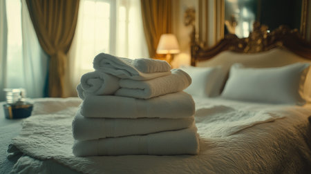 A stack of white towels on a hotel bed with freshly pressed linens, creating a warm and inviting space with stylish decorの素材