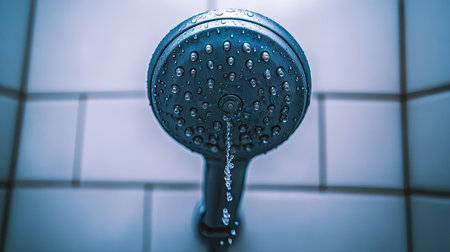 A sleek chrome shower head in a modern bathroom, water droplets clinging to the surface, with soft lighting and clean, minimalist tile decorの素材