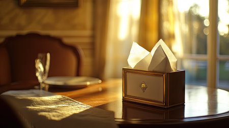 Elegant tissue box with white napkins emerging, placed on a tidy table in a warm, softly lit home environment.の素材