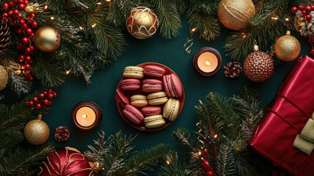Festive holiday macarons in a vibrant Christmas spread, featuring pine branches, gold ornaments, and cozy candlelightの素材