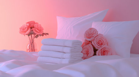 Hotel bed with soft, white sheets and stacked towels at the foot, with plush pillows and warm, ambient lighting for a relaxing feelの素材