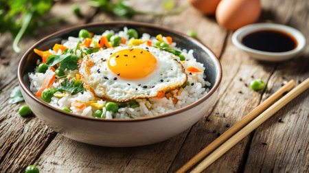 Fried rice with scrambled egg and fresh vegetables in a bowl, surrounded by chopsticks and soy sauce on a rustic table for a cozy mealの素材