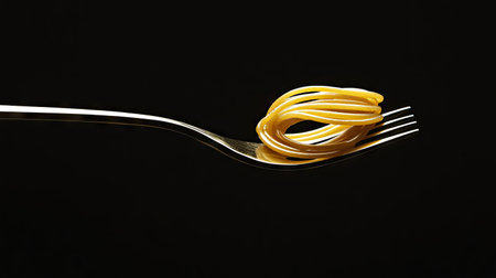 Golden spaghetti elegantly coiled on a fork, isolated against a black background, illuminated to capture its inviting textureの素材