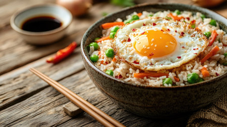 Fried rice with scrambled egg and fresh vegetables in a bowl, surrounded by chopsticks and soy sauce on a rustic table for a cozy mealの素材