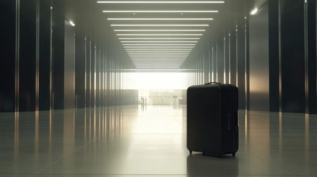 Lone suitcase sitting in a bright, empty airport hall, with vast, polished floors and a distant view of departure gates under soft lightingの素材