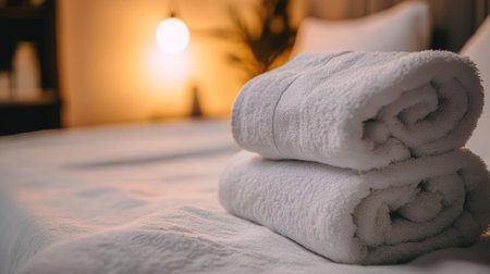 Crisp, white hotel bed with a neatly folded towel stack, framed by modern decor and warm lighting, ready to welcome guestsの素材
