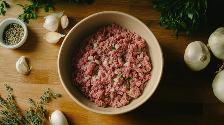 Minced beef in a bowl, with fresh garlic, onions, and herbs around, set on a wooden countertop ready for home-cooked mealsの素材