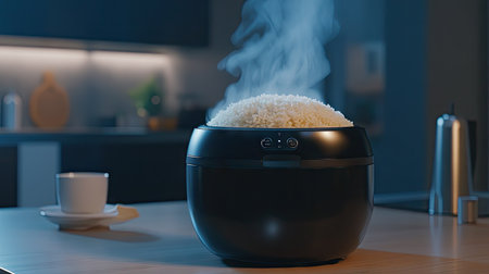 Electric rice cooker filled with cooking rice, steam pouring out as it reaches readiness, with a home kitchen in the background.の素材
