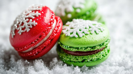 Red and green Christmas macarons decorated with snowflakes and glitter, placed on a snowy white background with holiday charmの素材