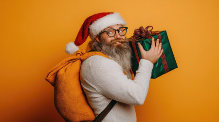 Santa holding a big gift bag over his shoulder, offering a colorful wrapped present, isolated on a simple background for Christmas vibes.の素材