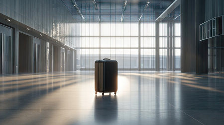 Rolling suitcase in a spacious, empty airport hall, with bright light from floor-to-ceiling windows, capturing the quietness before a journeyの素材