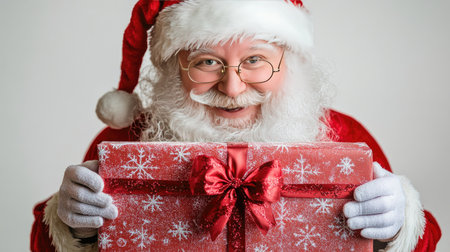 Santa Claus with a large red gift bag, pulling out a wrapped present with a bow, isolated on a white background, radiating festive cheer.の素材