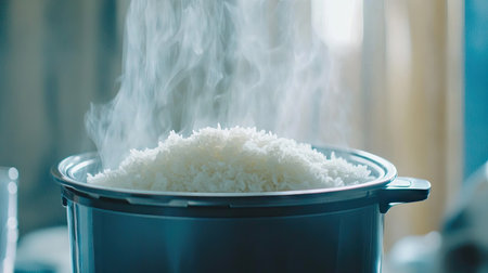 Rice cooking in an electric rice cooker with steam rising softly, lid open to reveal freshly cooked, fluffy rice.の素材