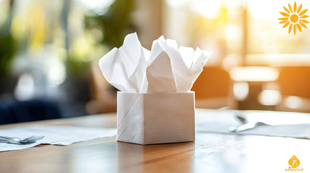 Tissue paper emerging from a clean napkin box on a wooden table in a bright, organized dining area.の素材