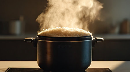 Rice cooker releasing steam as rice cooks, with visible wisps of steam and lid slightly open to reveal fluffy grains.の素材