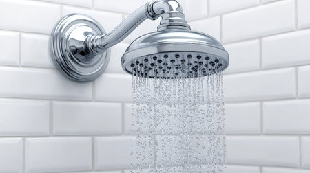Sleek chrome shower head against pristine white tile in a contemporary bathroom, with reflections capturing its modern, minimalist designの素材