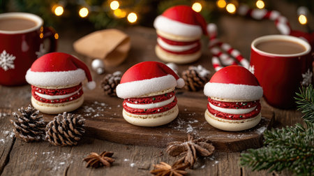 Santa-themed macarons on a cozy holiday table with Christmas lights, mugs of hot cocoa, and holiday decorationsの素材