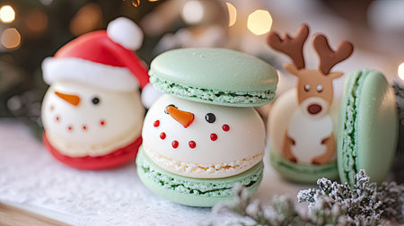 Snowman and reindeer-themed macarons in holiday colors, arranged on a table with Christmas garland, ready for a holiday celebrationの素材