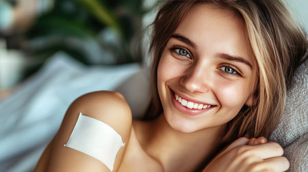 Woman touching an adhesive bandage on her shoulder with a gentle smile, emphasizing care and post-treatment recovery.の素材