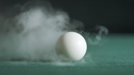 A close-up shot of a snooker ball resting on the green felt table, with subtle steam rising around it, creating a dramatic atmosphere.の素材