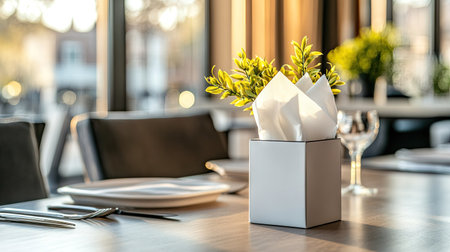 White tissue peeking out from a modern napkin box on a neatly set dining table, with subtle background details in focus.の素材