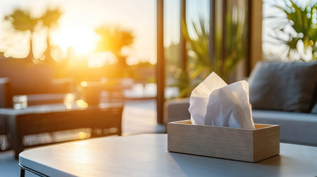 White tissues in a simple, elegant napkin box placed on a table, with a calm, sunlit living room in the background.の素材