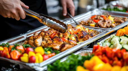 A hand using tongs to serve juicy, roasted chicken pieces from a large tray, surrounded by vibrant vegetables.の素材
