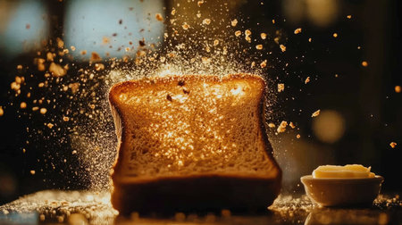 A close-up of a toaster releasing toast, crumbs scattering around, and butter melting in a small dish nearby.の素材
