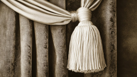 An elegant curtain with a cream-colored tassel tieback, tied perfectly in place, showing a touch of luxury and style in home decor.の素材