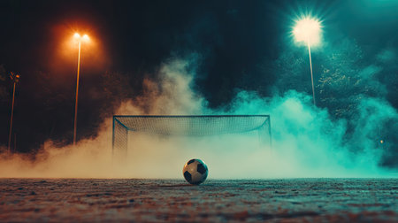 A soccer ball in goal net, subtle steam rising around it, with a silent, empty stadium illuminated by bright spotlights for a dramatic look.の素材