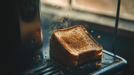 A slice of toast mid-pop in a retro toaster, crumbs scattered, capturing a classic morning breakfast vibe.の素材