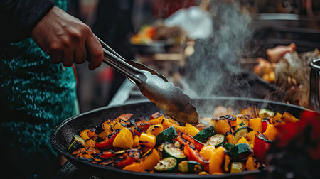 A hand holding tongs, picking up sizzling grilled vegetables from a pan, with vibrant colors of peppers, zucchini, and onions in focus.の素材