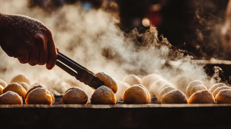 A close-up of a hand with tongs lifting hot, fresh doughnuts with sugar coating, capturing the warmth and sweetness of a bakery scene.の素材
