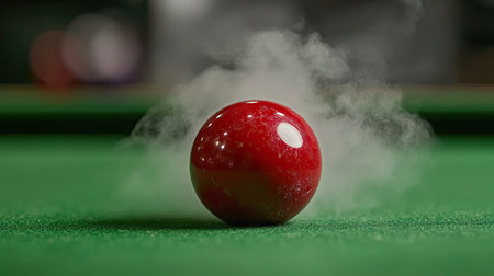 A red snooker ball centered on the green felt with soft steam creating an ambiance of focus and concentration around it.の素材