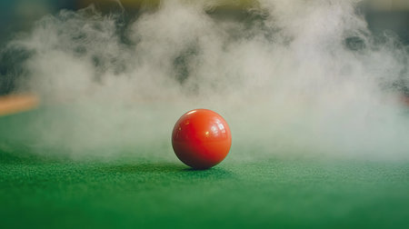 A red snooker ball centered on the green felt with soft steam creating an ambiance of focus and concentration around it.の素材