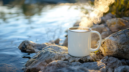 A thermos mug with hot tea steaming, resting on a rocky surface near a serene lake, capturing the peaceful ambiance of nature.の素材
