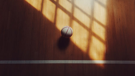 A volleyball positioned at the intersection of two white lines on a wooden court, capturing the structure and simplicity of indoor sports.の素材