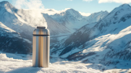 A thermos with coffee on a snowy mountain ledge, steam rising visibly against the cold winter air, evoking adventure and warmth.の素材