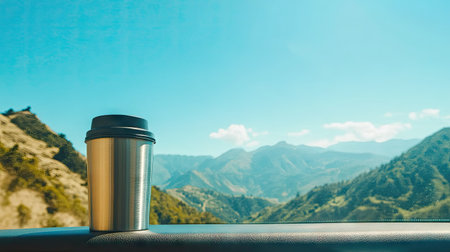 A thermos mug with hot coffee on a car dashboard, with a scenic mountain view outside, capturing the spirit of a road trip.の素材